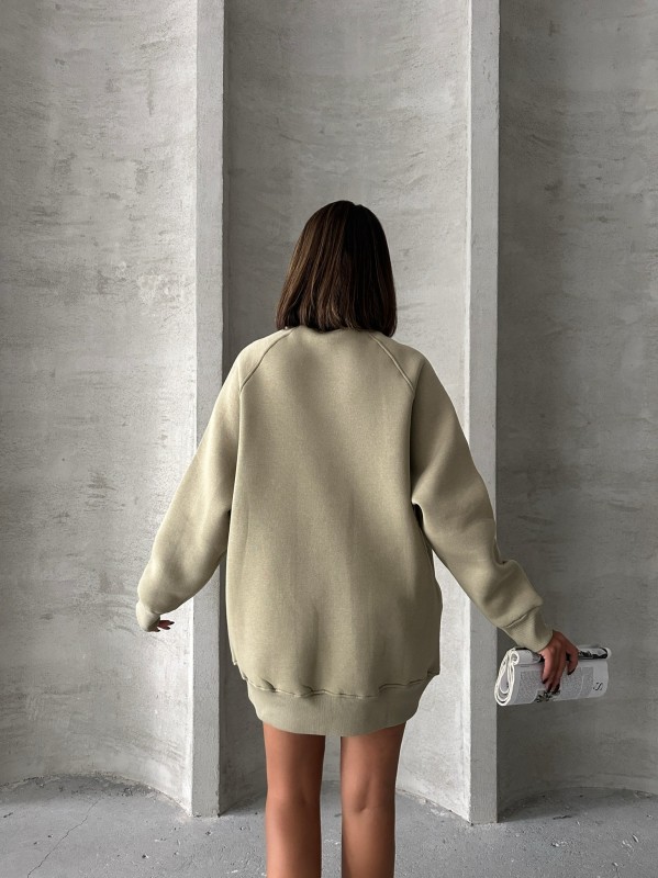 SWT-14271 Haki Cepli Oversize Üç İplik Kapüşonlu Basic Sweatshirt