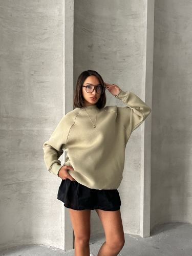 SWT-14271 Haki Cepli Oversize Üç İplik Kapüşonlu Basic Sweatshirt - Thumbnail