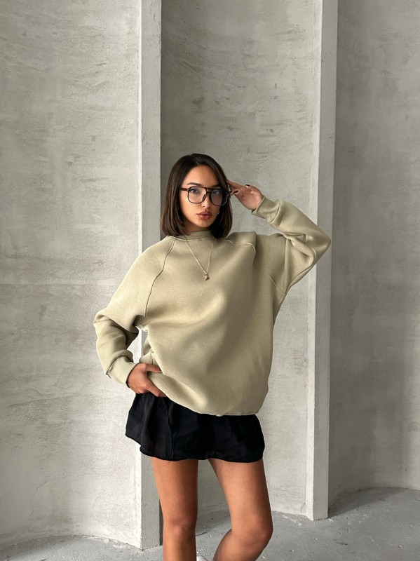 SWT-14271 Haki Cepli Oversize Üç İplik Kapüşonlu Basic Sweatshirt