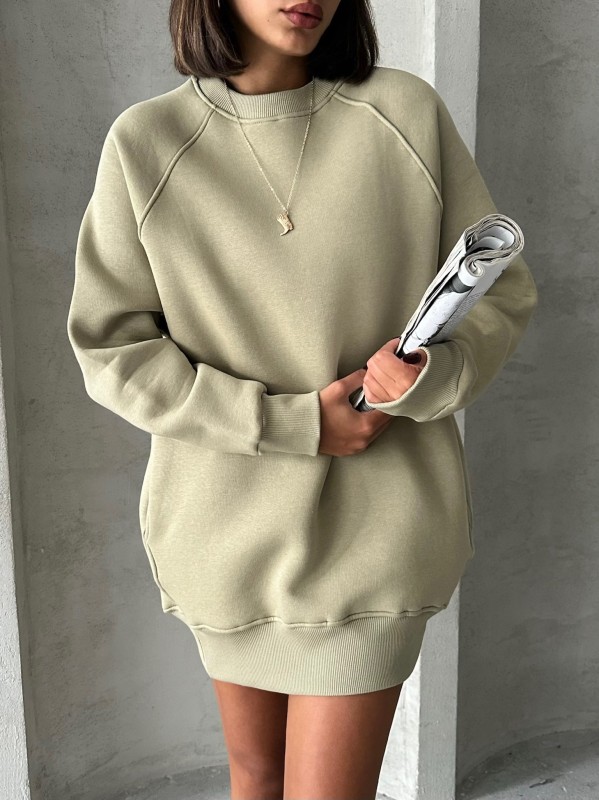 SWT-14271 Haki Cepli Oversize Üç İplik Kapüşonlu Basic Sweatshirt