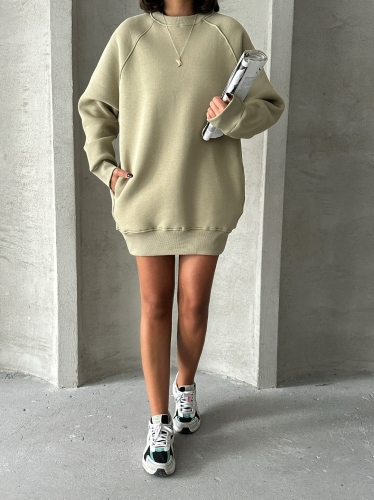 SWT-14271 Haki Cepli Oversize Üç İplik Kapüşonlu Basic Sweatshirt - Thumbnail