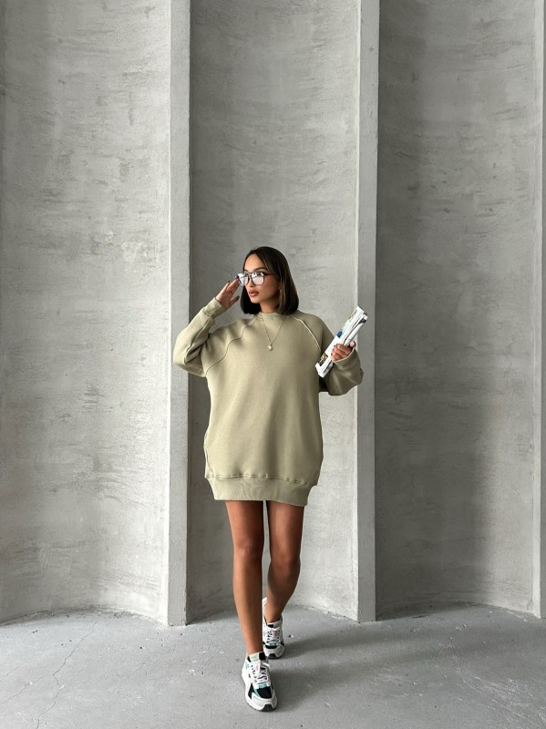 SWT-14271 Haki Cepli Oversize Üç İplik Kapüşonlu Basic Sweatshirt