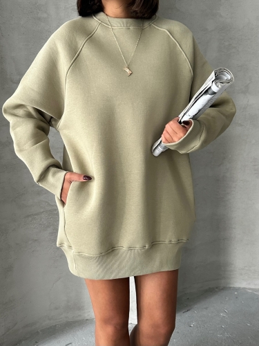 SWT-14271 Haki Cepli Oversize Üç İplik Kapüşonlu Basic Sweatshirt - Thumbnail