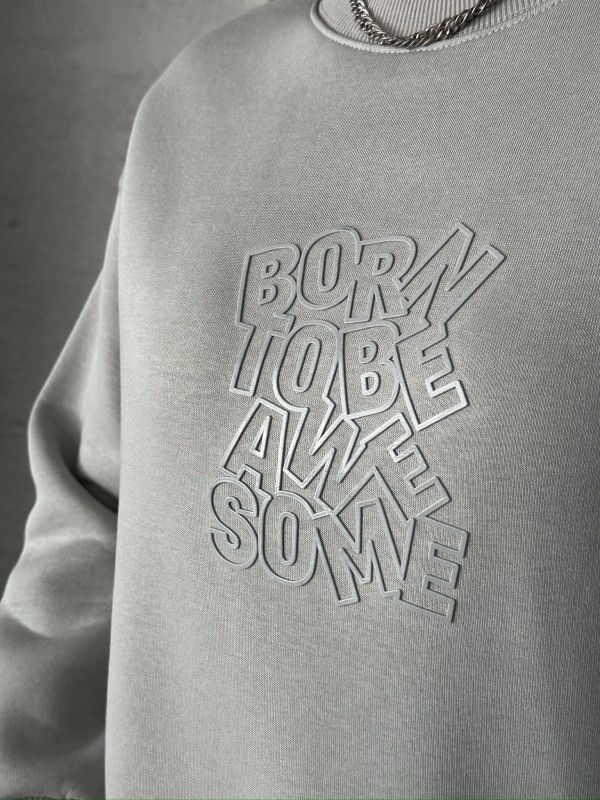 SWT-14272 Boyama Gri Born Kabartma Tasarım Yazı Baskılı Üç İplik Şardonlu Oversize Sweatshirt