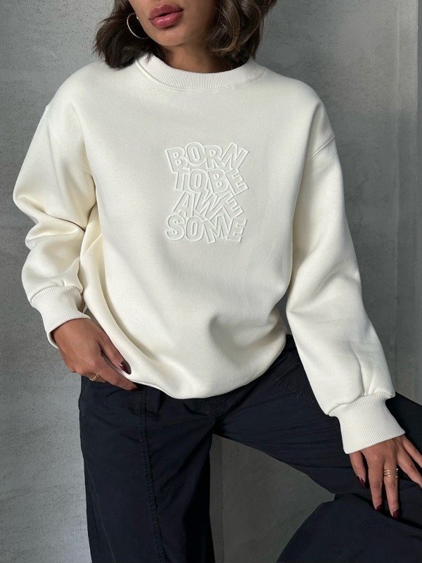 SWT-14272 Ekru Born Kabartma Tasarım Yazı Baskılı Üç İplik Şardonlu Oversize Sweatshirt