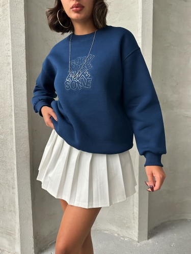 SWT-14272 Lacivert Born Kabartma Tasarım Yazı Baskılı Üç İplik Şardonlu Oversize Sweatshirt - Thumbnail