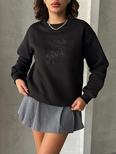 SWT-14272 Siyah Born Kabartma Tasarım Yazı Baskılı Üç İplik Şardonlu Oversize Sweatshirt - Thumbnail