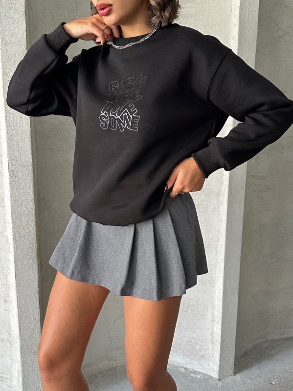 SWT-14272 Siyah Born Kabartma Tasarım Yazı Baskılı Üç İplik Şardonlu Oversize Sweatshirt