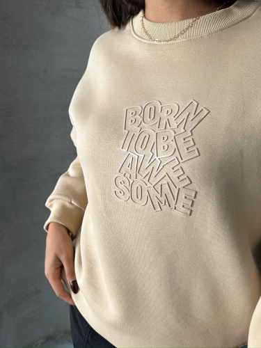 SWT-14272 Vizon Born Kabartma Tasarım Yazı Baskılı Üç İplik Şardonlu Oversize Sweatshirt - Thumbnail