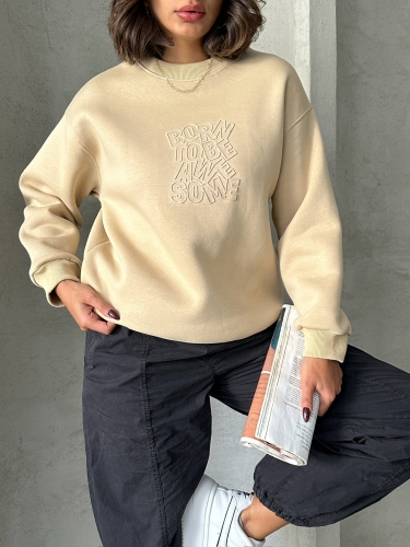 SWT-14272 Vizon Born Kabartma Tasarım Yazı Baskılı Üç İplik Şardonlu Oversize Sweatshirt - Thumbnail