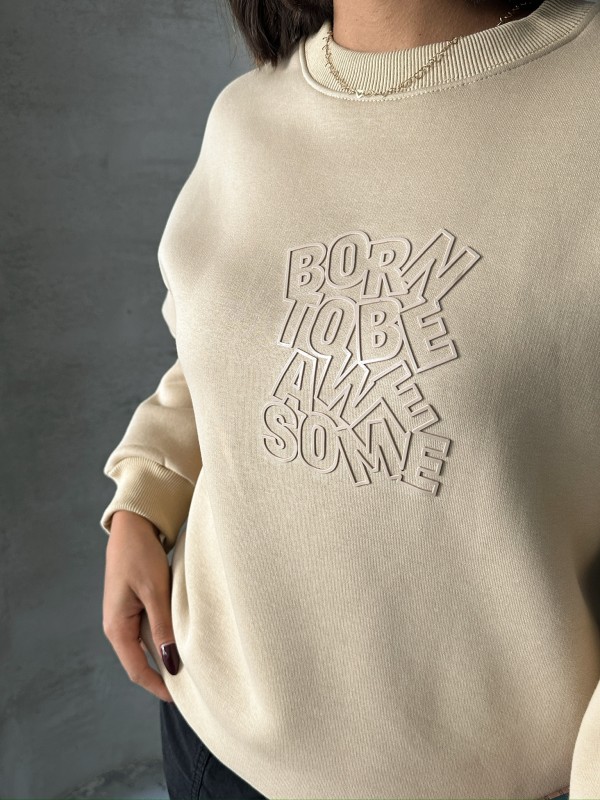 SWT-14272 Vizon Born Kabartma Tasarım Yazı Baskılı Üç İplik Şardonlu Oversize Sweatshirt