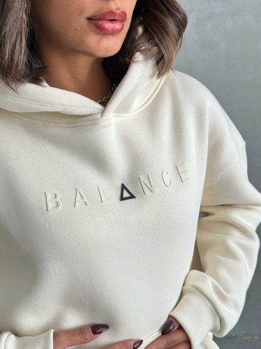 Cappmoda - SWT-14273 Beyaz Balance Kabartma Yazı Baskılı Kapüşonlu Üç İplik Şardonlu Sweatshirt (1)