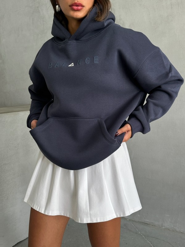 SWT-14273 Füme Balance Kabartma Yazı Baskılı Kapüşonlu Üç İplik Şardonlu Sweatshirt