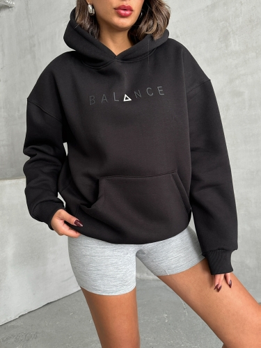 Cappmoda - SWT-14273 Siyah Balance Kabartma Yazı Baskılı Kapüşonlu Üç İplik Şardonlu Sweatshirt (1)