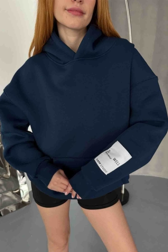 Cappmoda - SWT-14274 Lacivert Kol Etiket Detaylı Kapüşonlu Üç İplik Şardonlu Sweatshirt (1)