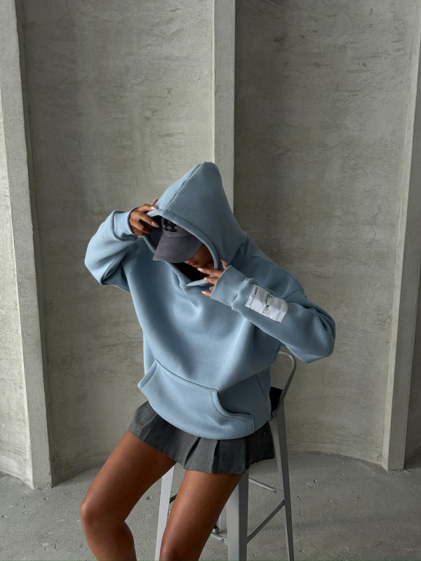 SWT-14274 Mavi Kol Etiket Detaylı Kapüşonlu Üç İplik Şardonlu Sweatshirt