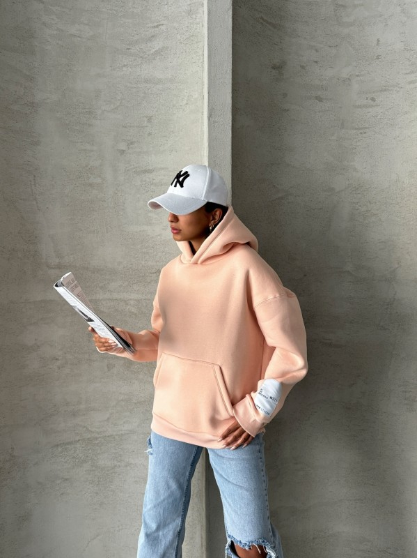 SWT-14274 Pudra Kol Etiket Detaylı Kapüşonlu Üç İplik Şardonlu Sweatshirt