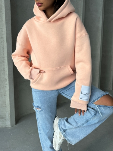 Cappmoda - SWT-14274 Pudra Kol Etiket Detaylı Kapüşonlu Üç İplik Şardonlu Sweatshirt (1)