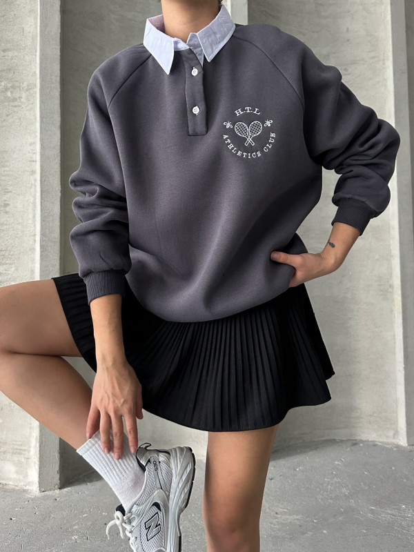 SWT-14276 Füme Gömlek Yaka Raket Nakışlı Üç İplik Şardonlu Oversize Sweatshirt