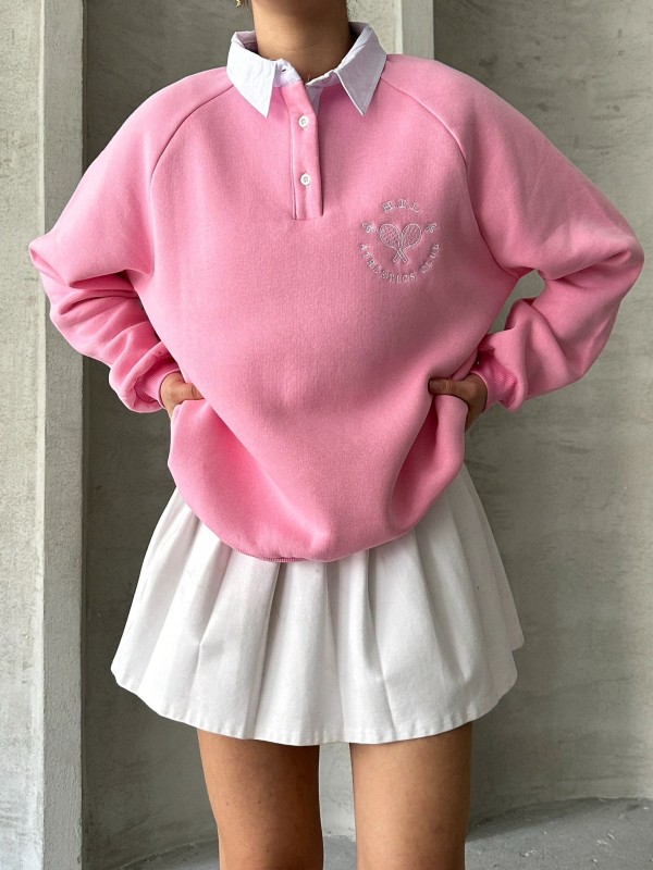 SWT-14276 Pembe Gömlek Yaka Raket Nakışlı Üç İplik Şardonlu Oversize Sweatshirt