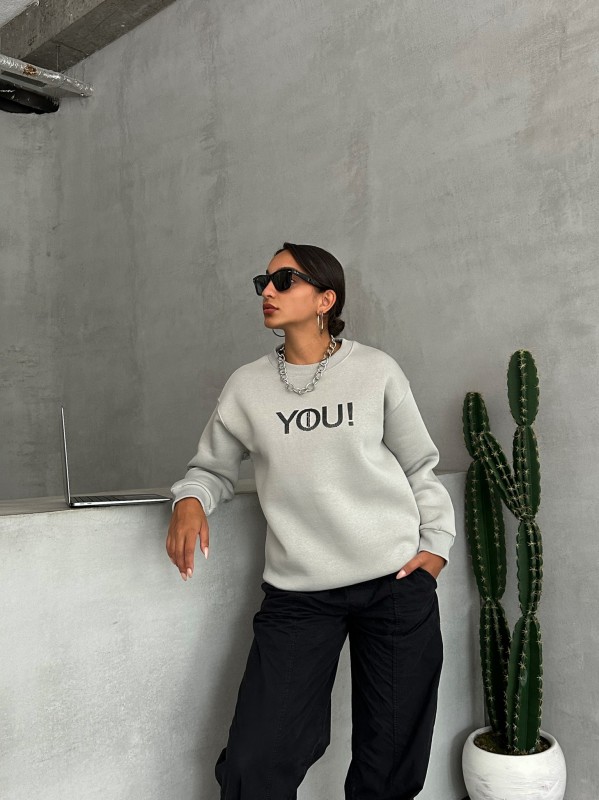 SWT-14278 Boyama Gri You Yazı Baskılı Üç İplik Şardonlu Sweatshirt