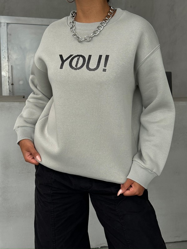 SWT-14278 Boyama Gri You Yazı Baskılı Üç İplik Şardonlu Sweatshirt