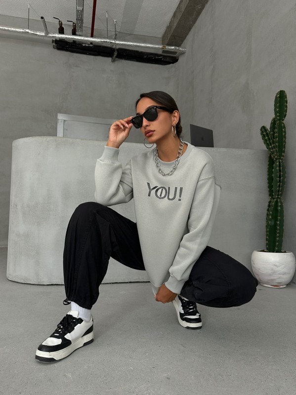 SWT-14278 Boyama Gri You Yazı Baskılı Üç İplik Şardonlu Sweatshirt