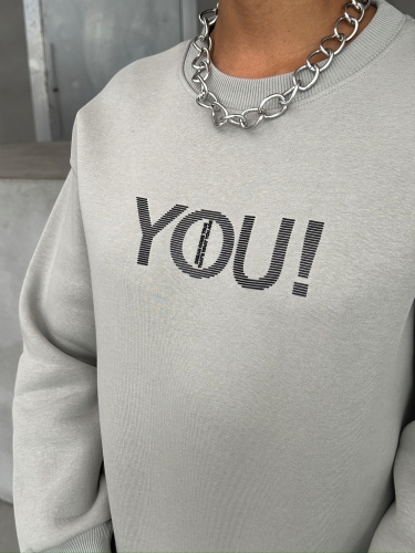 SWT-14278 Boyama Gri You Yazı Baskılı Üç İplik Şardonlu Sweatshirt - Thumbnail