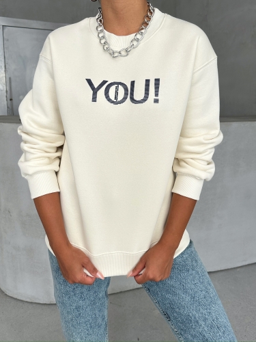 Cappmoda - SWT-14278 Ekru You Yazı Baskılı Üç İplik Şardonlu Sweatshirt (1)