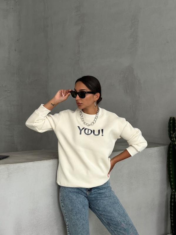 SWT-14278 Ekru You Yazı Baskılı Üç İplik Şardonlu Sweatshirt