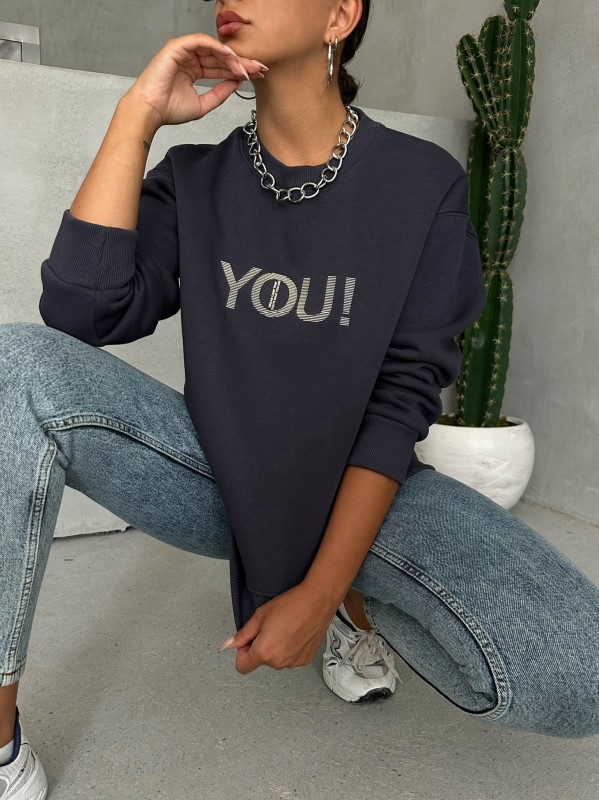 SWT-14278 Füme You Yazı Baskılı Üç İplik Şardonlu Sweatshirt