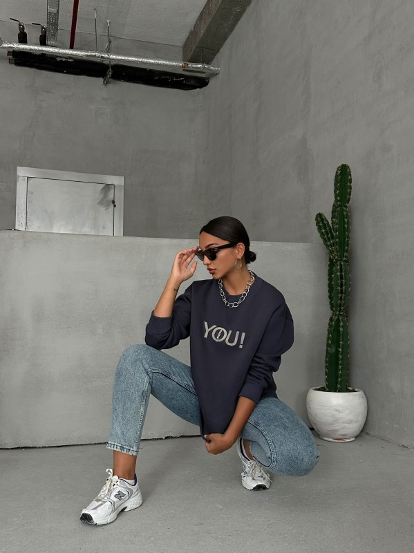 SWT-14278 Füme You Yazı Baskılı Üç İplik Şardonlu Sweatshirt