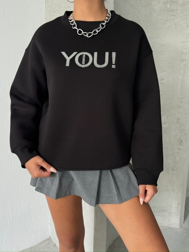 SWT-14278 Siyah You Yazı Baskılı Üç İplik Şardonlu Sweatshirt - Thumbnail