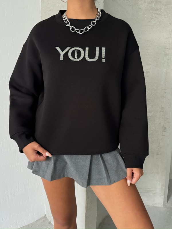 SWT-14278 Siyah You Yazı Baskılı Üç İplik Şardonlu Sweatshirt