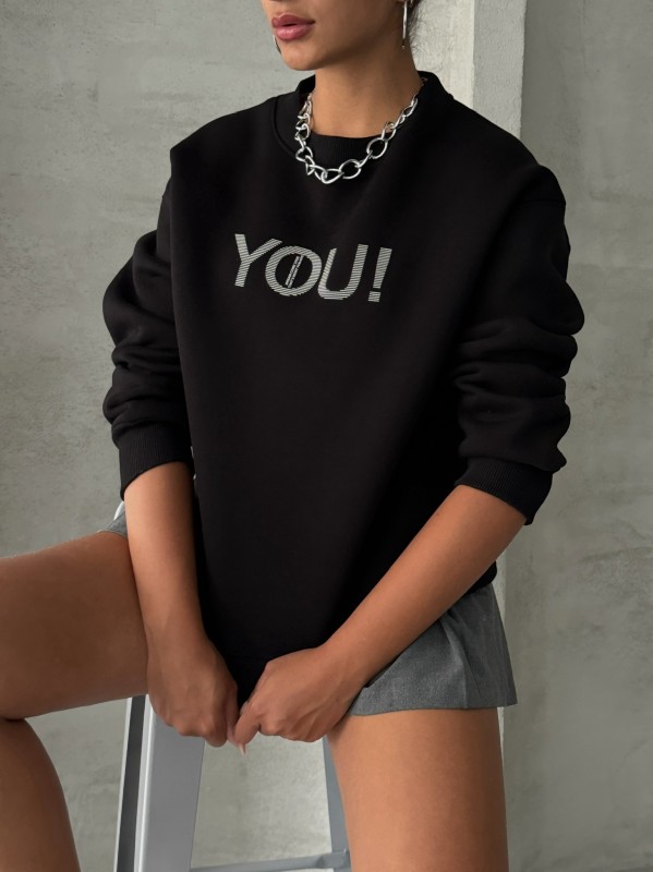 SWT-14278 Siyah You Yazı Baskılı Üç İplik Şardonlu Sweatshirt