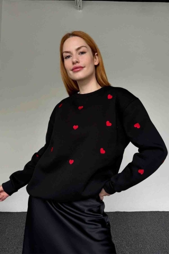 Cappmoda - SWT-14279 Siyah Kalp Nakışlı Bisiklet Yaka Sweatshirt (1)