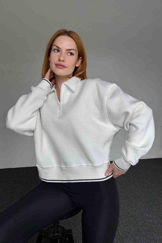 SWT-14280 Beyaz Fermuarlı Kol Bel Şerit Detaylı Dik Yaka Sweatshirt