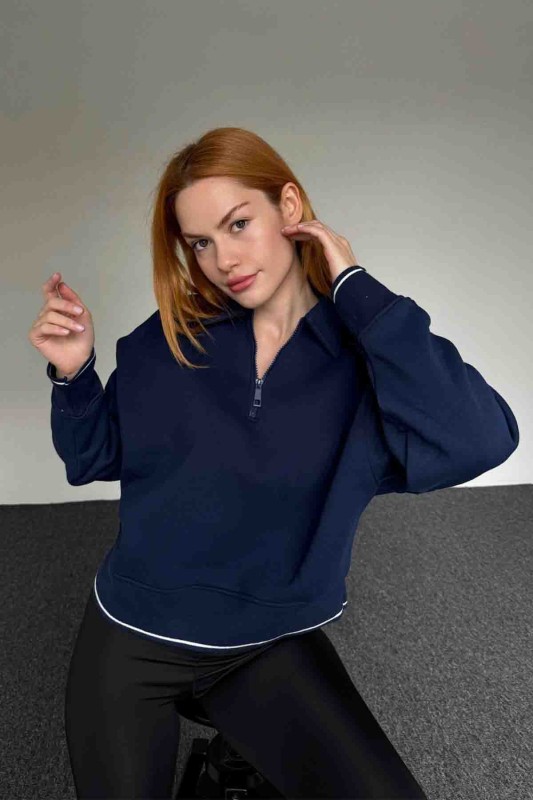 SWT-14280 Lacivert Fermuarlı Kol Bel Şerit Detaylı Dik Yaka Sweatshirt