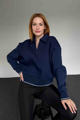 Cappmoda - SWT-14280 Lacivert Fermuarlı Kol Bel Şerit Detaylı Dik Yaka Sweatshirt (1)