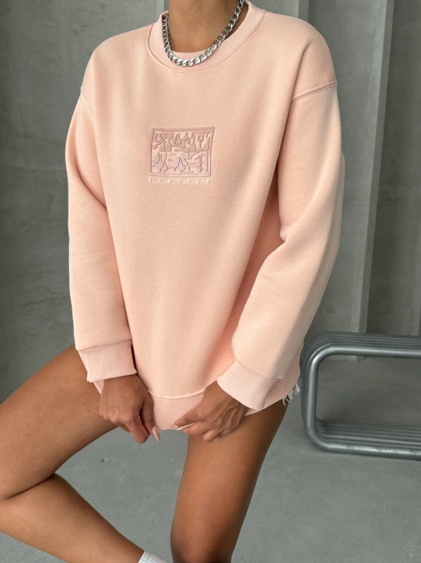 SWT-14283 Pudra Forever Yazı Baskılı Üç İplik Şardonlu Bisiklet Yaka Sweatshirt