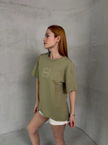 Cappmoda - T-905 Haki Daily Kabartma Yazılı Bisiklet Yaka Tshirt (1)