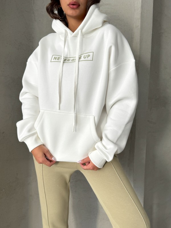 TKM-0034 Haki Beyaz Never Give Up Yazı Baskılı Kapüşonlu Sweatshirt Jogger Üç İplik Şardonlu İkili Takım