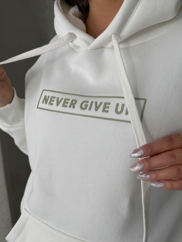 TKM-0034 Haki Beyaz Never Give Up Yazı Baskılı Kapüşonlu Sweatshirt Jogger Üç İplik Şardonlu İkili Takım - Thumbnail