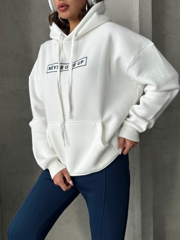 TKM-0034 Lacivert Beyaz Never Give Up Yazı Baskılı Kapüşonlu Sweatshirt Jogger Üç İplik Şardonlu İkili Takım