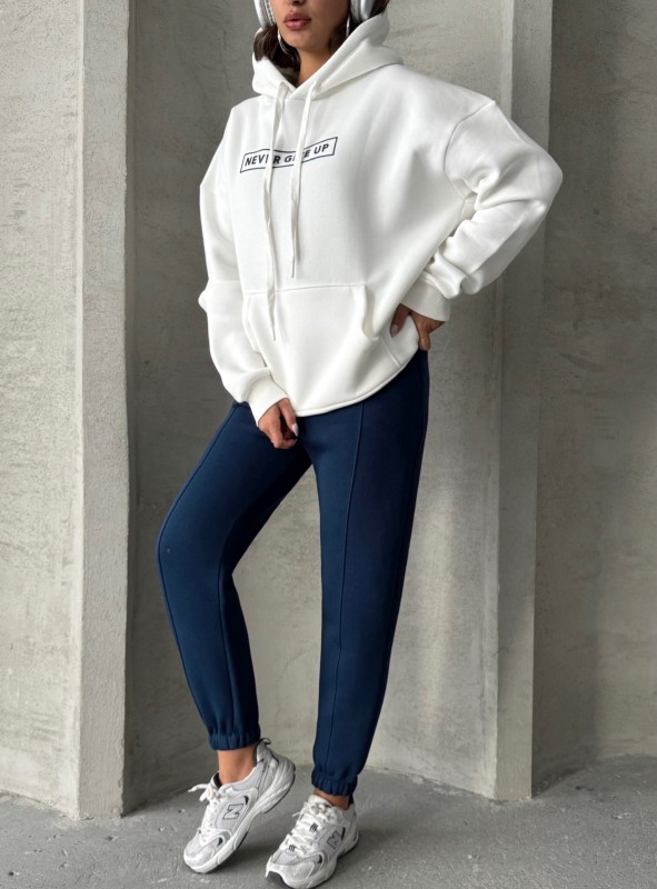 TKM-0034 Lacivert Beyaz Never Give Up Yazı Baskılı Kapüşonlu Sweatshirt Jogger Üç İplik Şardonlu İkili Takım