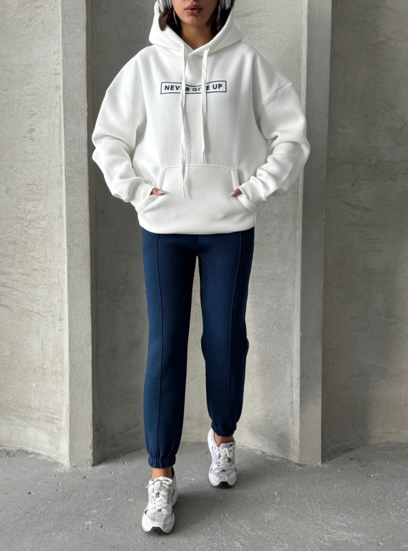 TKM-0034 Lacivert Beyaz Never Give Up Yazı Baskılı Kapüşonlu Sweatshirt Jogger Üç İplik Şardonlu İkili Takım