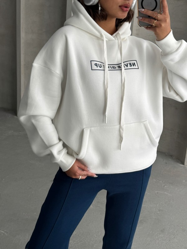 TKM-0034 Lacivert Beyaz Never Give Up Yazı Baskılı Kapüşonlu Sweatshirt Jogger Üç İplik Şardonlu İkili Takım