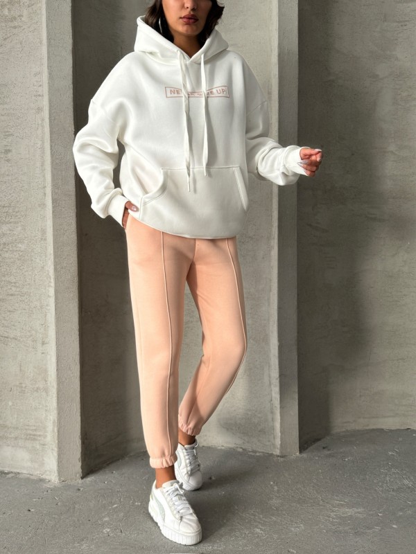 TKM-0034 Pudra Beyaz Never Give Up Yazı Baskılı Kapüşonlu Sweatshirt Jogger Üç İplik Şardonlu İkili Takım