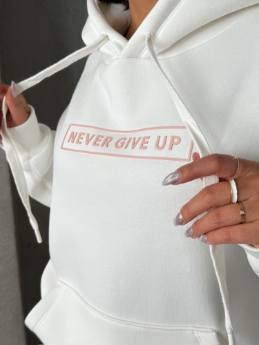 TKM-0034 Pudra Beyaz Never Give Up Yazı Baskılı Kapüşonlu Sweatshirt Jogger Üç İplik Şardonlu İkili Takım - Thumbnail