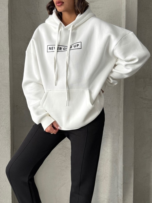 TKM-0034 Siyah Beyaz Never Give Up Yazı Baskılı Kapüşonlu Sweatshirt Jogger Üç İplik Şardonlu İkili Takım